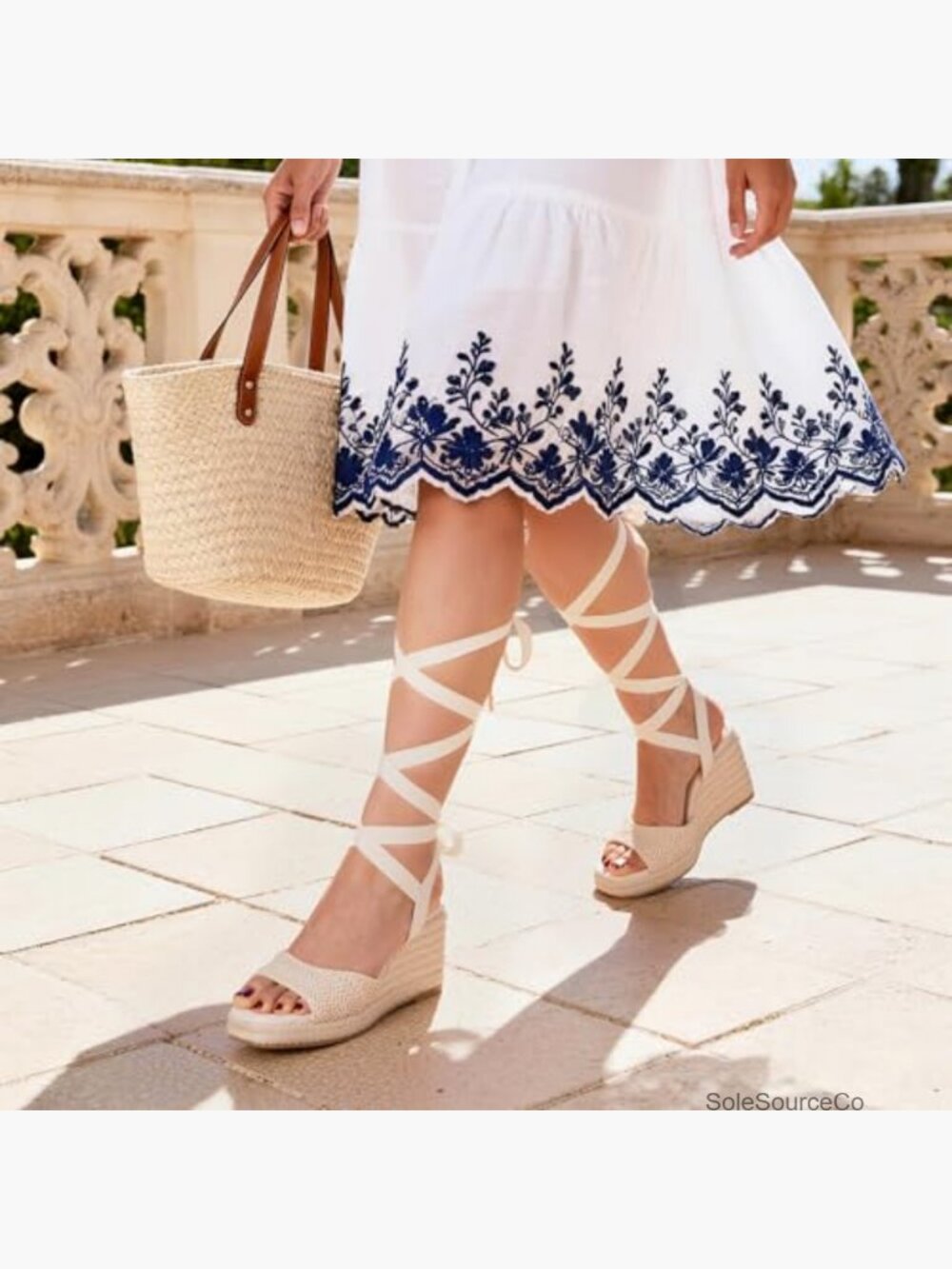 Wedge Espadrille Sandals Platform Square Toe Ankle Strap Lace Up Summer - Picture 2 of 7